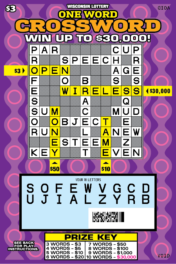 One Word Crossword Wisconsin Scratch Game - Revealed Wisconsin Scratch Game One Word Crossword Purple background with Yell orange and black text revealed.