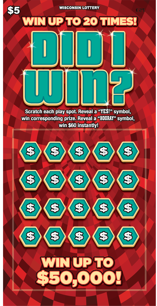 Wisconsin Scratch Game did I win red background, Teal and gold text.