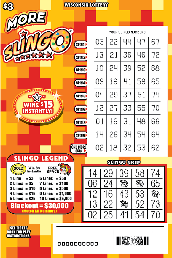 More Slingo WI Scratch Game - Scratched Wisconsin Scratch Game, More Slingo shades of orange background with white text, multicolored scratch area.