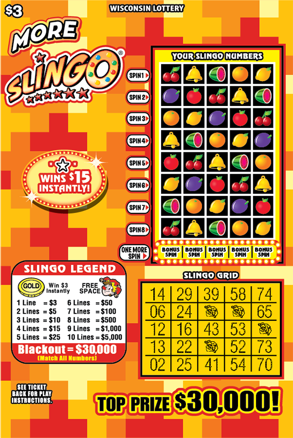 More Slingo WI Scratch Game Wisconsin Scratch Game, More Slingo shades of orange background with white text, multicolored scratch area.