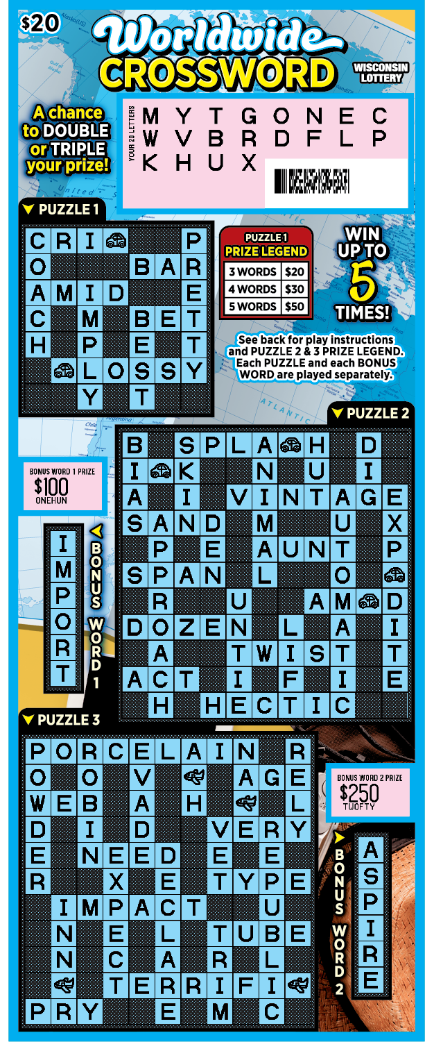 Worldwide Crossword WI Scratch Game - Revealed Wisconsin Scratch Game, Worldwide Crossword blue background with black text, Crossword puzzle Revealed