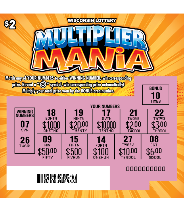 Multiplier Mania WI Scratch Game - Scratched Wisconsin Scratch Game, Multiplier Mania yellow orange burst background with blue and orange text, revealed.