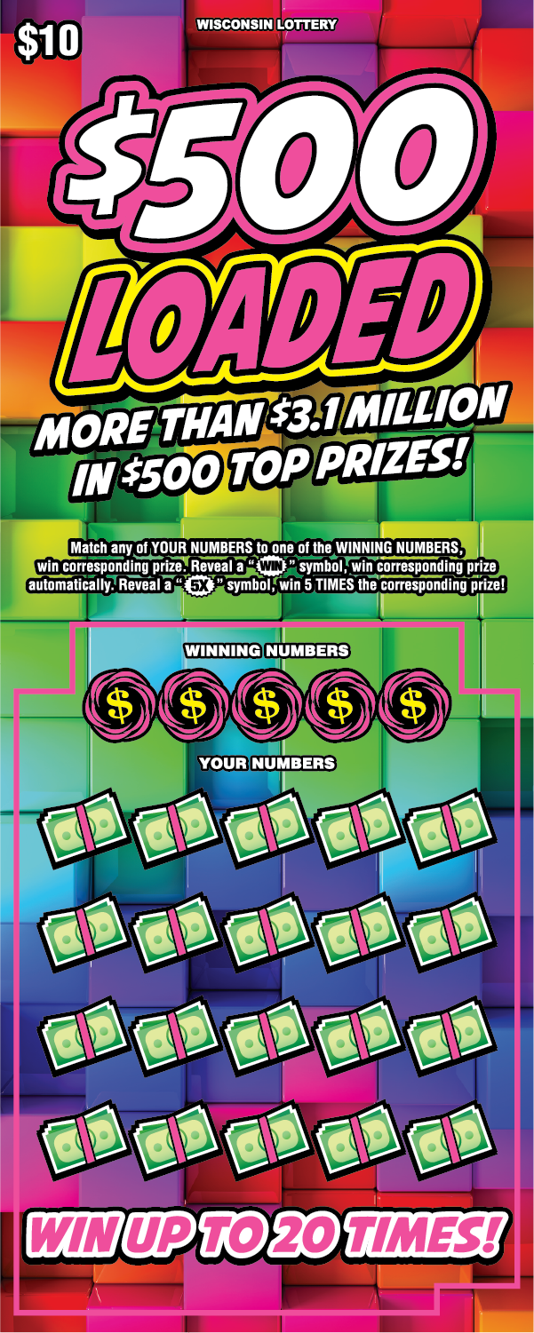 $500 Loaded Wisconsin Scratch Game Wisconsin Scratch Game Vibrant multicolored squares in background, White and Pink text