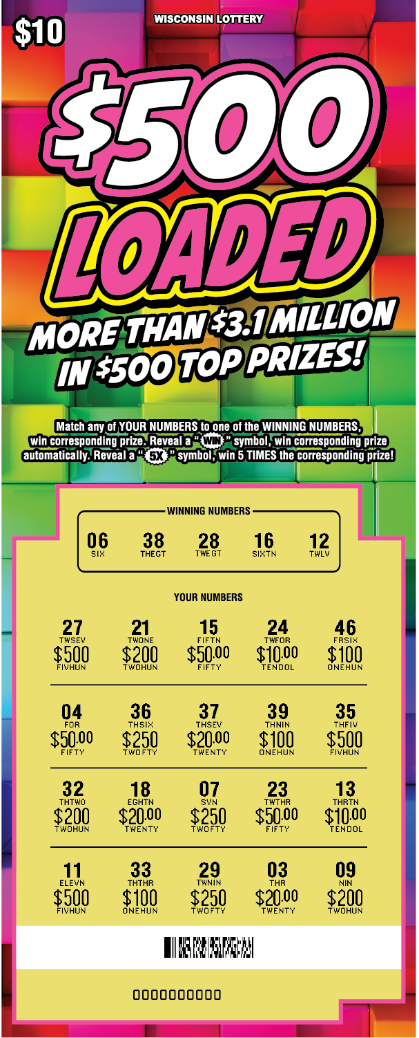 $500 Loaded Wisconsin Scratch Game - Reveled Wisconsin Scratch Game Vibrant multicolored squares in background, White and Pink text - Scratched