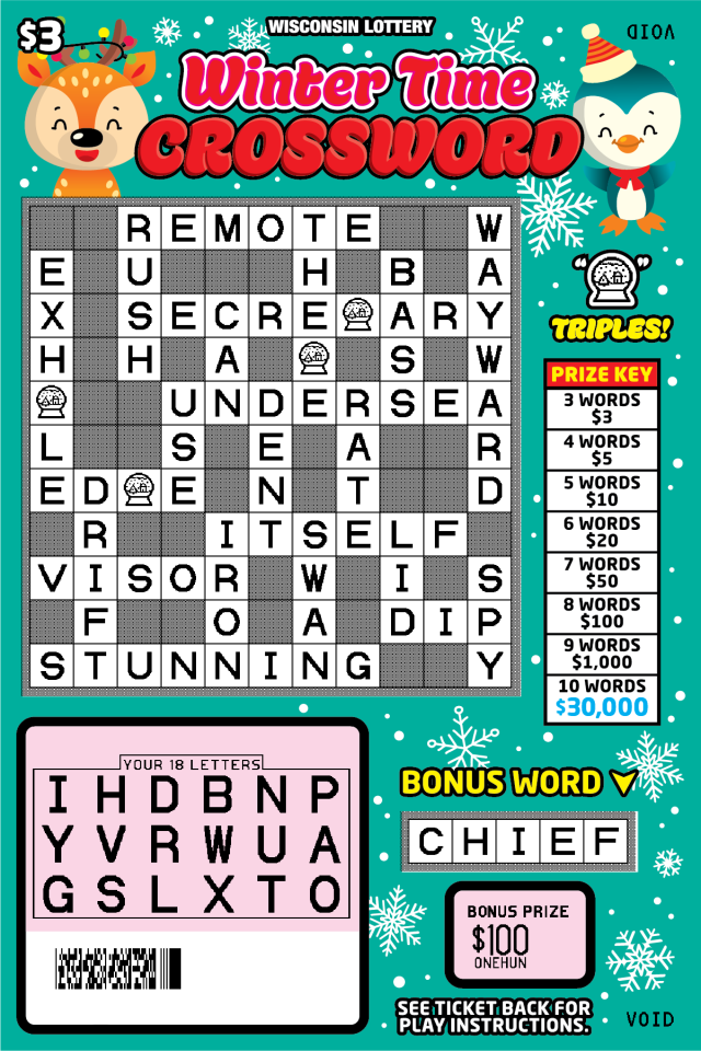 Winter Time Crossword Wisconsin Scratch Game -Revealed Wisconsin Scratch Game, Winter Time Crossword green background with red text winter caricatures, Crossword puzzle. Revealed