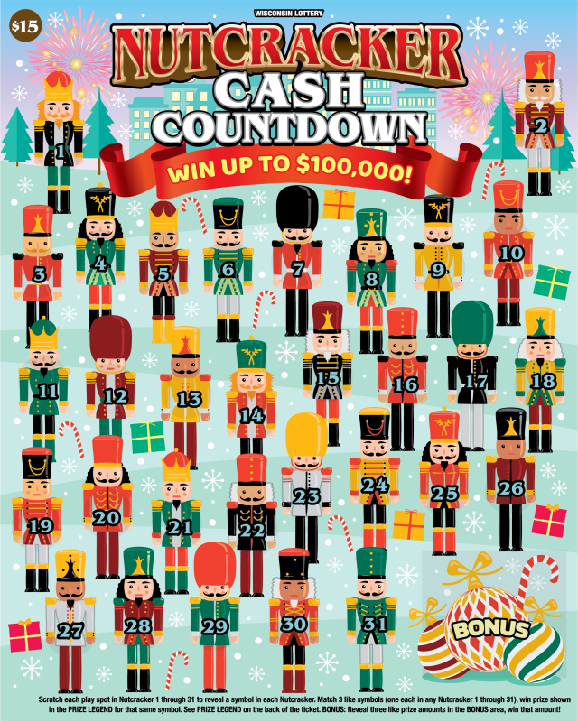 Nutcracker Cash Countdown Wisconsin Scratch Game Wisconsin scratch game Snowy town of 24 nutcrackers