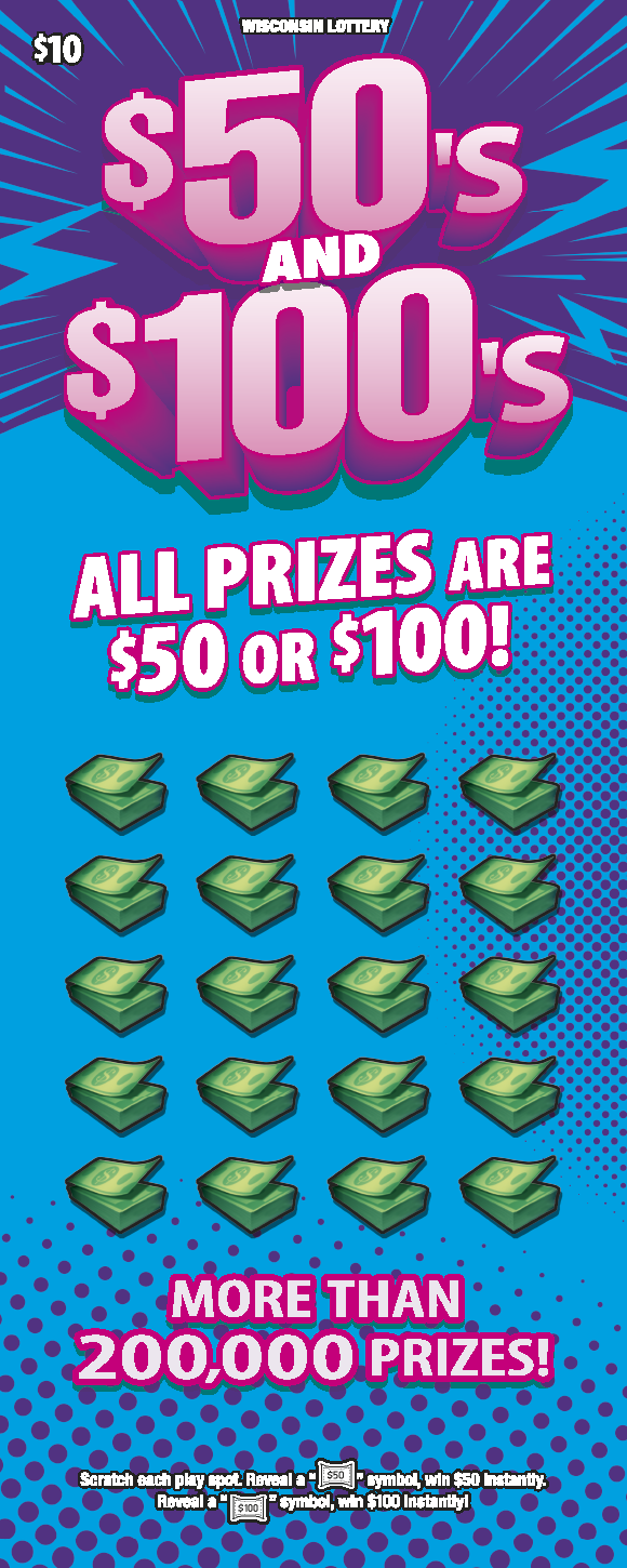 $50S AND $100S Wisconsin Scratch Game Wisconsin Scratch Game $50S AND $100S. Blue background purple accents and Pink and white text