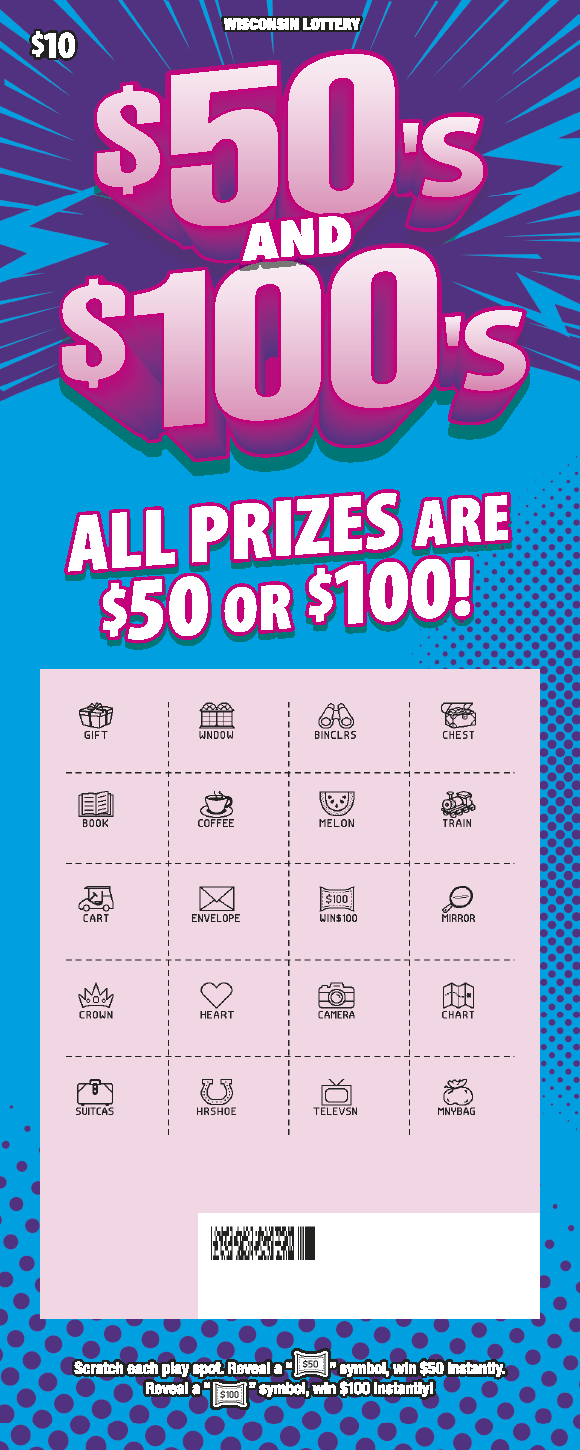 $50S AND $100S Wisconsin Scratch Game - Revealed Wisconsin Scratch Game $50S AND $100S. Blue background purple accents and Pink and white text - Revealed