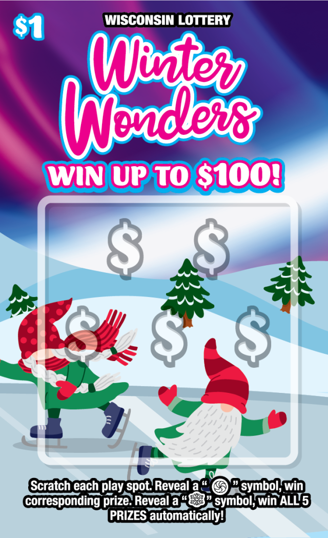 Wisconsin scratch game tickets 4 tickets makes a winter scene. Snowy scene with purple and pink sky with pink white and blue text