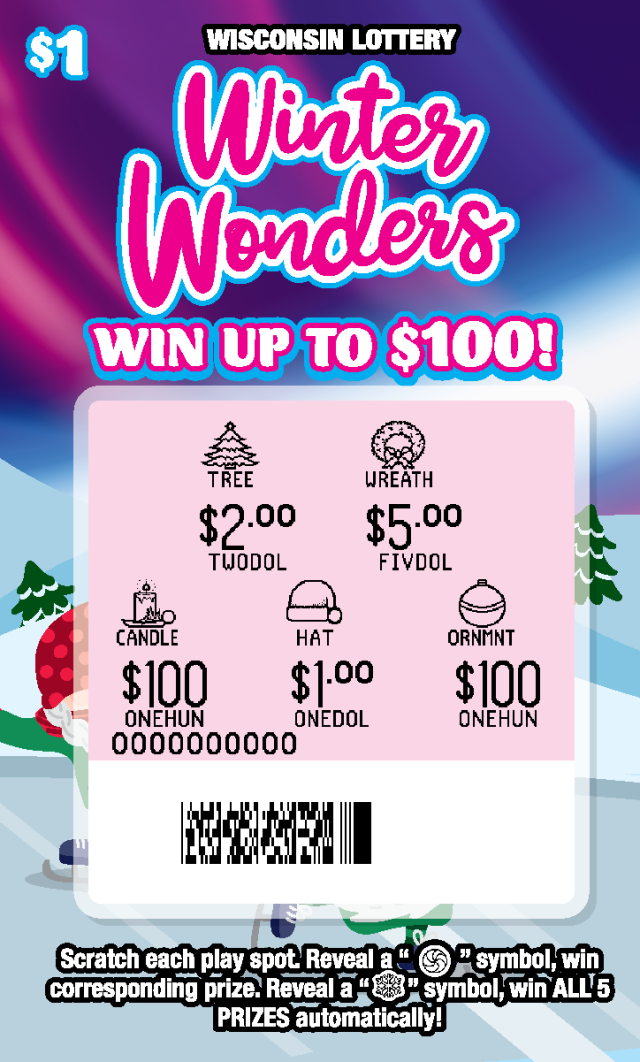 Wisconsin scratch game tickets 4 tickets makes a winter scene. Snowy scene with purple and pink sky with pink, white and blue text - Revealed