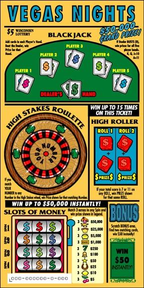 Vegas Nights instant scratch ticket from Wisconsin Lottery - unscratched Vegas Nights instant scratch ticket from Wisconsin Lottery - unscratched