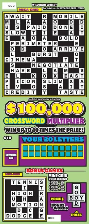 $100,000 Crossword Multiplier instant scratch ticket from Wisconsin Lottery - unscratched $100,000 Crossword Multiplier instant scratch ticket from Wisconsin Lottery - unscratched
