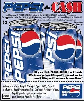 Pepsi and Cash instant scratch ticket from Wisconsin Lottery - unscratched