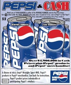 Pepsi and Cash instant scratch ticket from Wisconsin Lottery - unscratched Pepsi and Cash instant scratch ticket from Wisconsin Lottery - unscratched