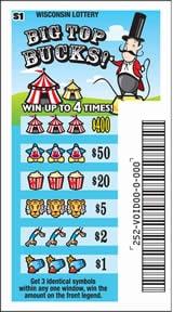 Big Top Bucks instant scratch ticket from Wisconsin Lottery - unscratched