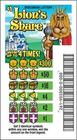 Lion's Share instant scratch ticket from Wisconsin Lottery - unscratched