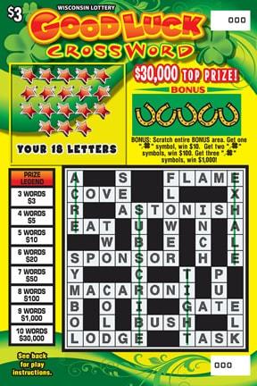 Good Luck Crossword instant scratch ticket from Wisconsin Lottery - unscratched