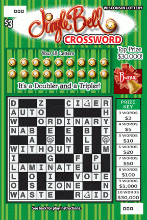 Jingle Bell Crossword instant scratch ticket from Wisconsin Lottery - unscratched