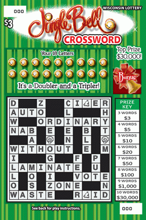 Jingle Bell Crossword instant scratch ticket from Wisconsin Lottery - unscratched Jingle Bell Crossword instant scratch ticket from Wisconsin Lottery - unscratched