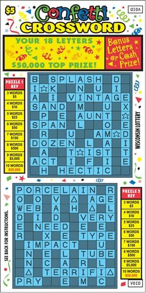 Confetti Crossword instant scratch ticket from Wisconsin Lottery - unscratched Confetti Crossword instant scratch ticket from Wisconsin Lottery - unscratched