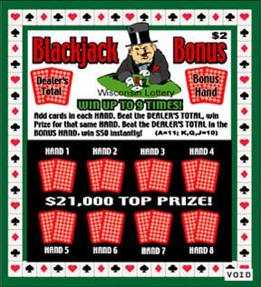 Blackjack Bonus instant scratch ticket from Wisconsin Lottery - unscratched