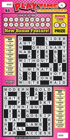 Play Time Crossword instant scratch ticket from Wisconsin Lottery - unscratched