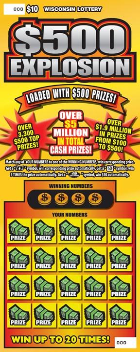 $500 Explosion instant scratch ticket from Wisconsin Lottery - unscratched