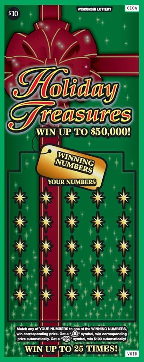 Holiday Treasures instant scratch ticket from Wisconsin Lottery - unscratched Holiday Treasures instant scratch ticket from Wisconsin Lottery - unscratched