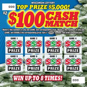 $100 Cash Match instant scratch ticket from Wisconsin Lottery - unscratched
