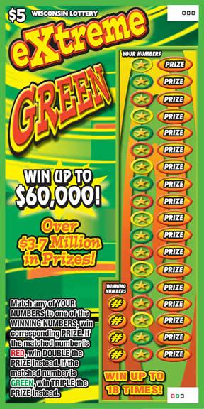 Extreme Green instant scratch ticket from Wisconsin Lottery - unscratched Extreme Green instant scratch ticket from Wisconsin Lottery - unscratched