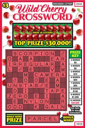 Wild Cherry Crossword instant scratch ticket from Wisconsin Lottery - unscratched