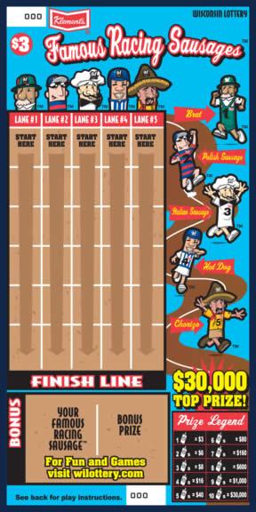 Famous Racing Sausages instant scratch ticket from Wisconsin Lottery - unscratched Famous Racing Sausages instant scratch ticket from Wisconsin Lottery - unscratched