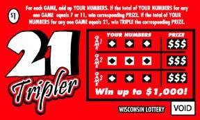21 Tripler instant scratch ticket from Wisconsin Lottery - unscratched 21 Tripler instant scratch ticket from Wisconsin Lottery - unscratched