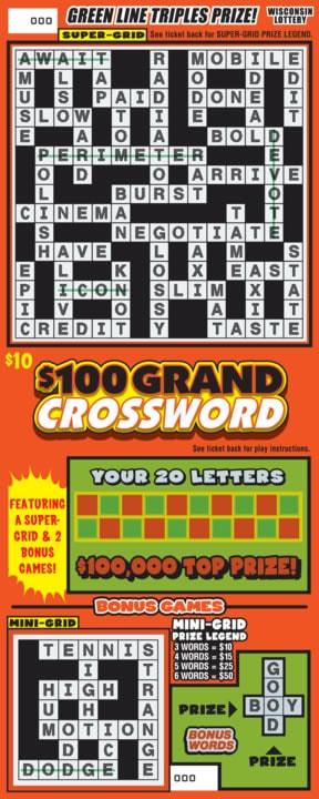 $100 Grand Crossword instant scratch ticket from Wisconsin Lottery - unscratched