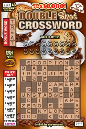 Double Shot Crossword instant scratch ticket from Wisconsin Lottery - unscratched