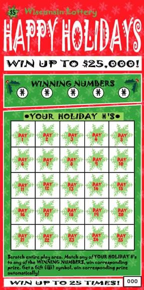 Happy Holidays instant scratch ticket from Wisconsin Lottery - unscratched