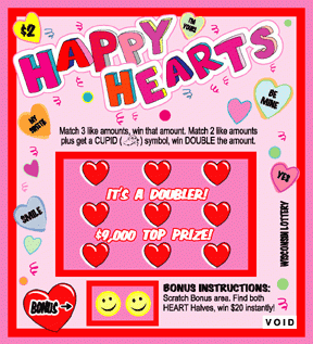 Happy Hearts instant scratch ticket from Wisconsin Lottery - unscratched Happy Hearts instant scratch ticket from Wisconsin Lottery - unscratched