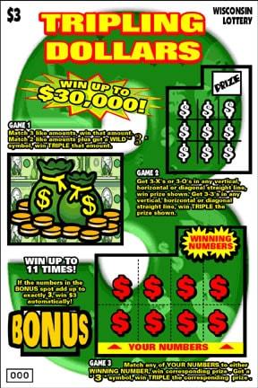 Tripling Dollars instant scratch ticket from Wisconsin Lottery - unscratched Tripling Dollars instant scratch ticket from Wisconsin Lottery - unscratched