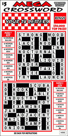 Mega Crossword instant scratch ticket from Wisconsin Lottery - unscratched Mega Crossword instant scratch ticket from Wisconsin Lottery - unscratched
