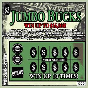 Jumbo Bucks instant scratch ticket from Wisconsin Lottery - unscratched Jumbo Bucks instant scratch ticket from Wisconsin Lottery - unscratched