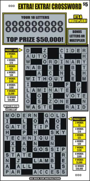 Extra! Extra! Crossword instant scratch ticket from Wisconsin Lottery - unscratched