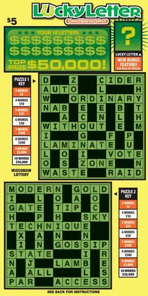 Lucky Letter Crossword instant scratch game Lucky Letter Crossword instant scratch ticket from Wisconsin Lottery - unscratched