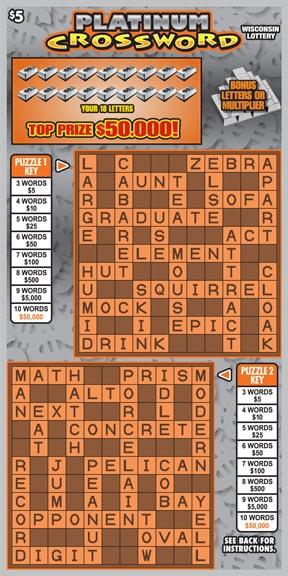 Platinum Crossword instant scratch ticket from Wisconsin Lottery - unscratched