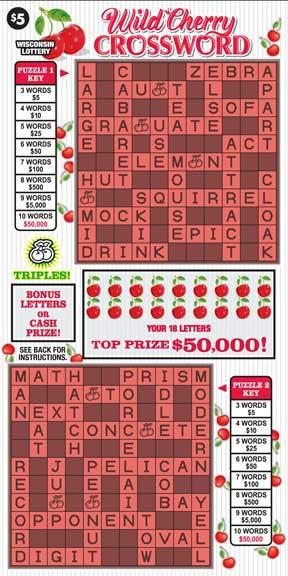 Wild Cherry Crossword instant scratch ticket from Wisconsin Lottery - unscratched