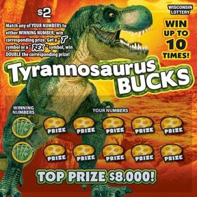 Tyrannosaurus Bucks instant scratch game Tyrannosaurus Bucks instant scratch ticket from Wisconsin Lottery - unscratched