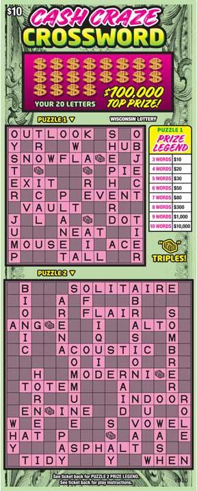 Cash Craze Crossword instant scratch ticket from Wisconsin Lottery - unscratched