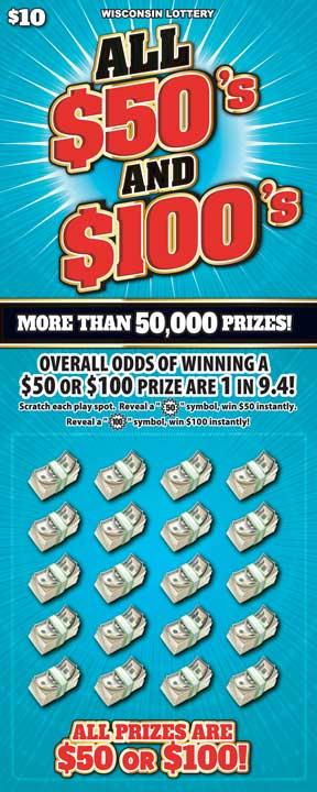 All $50s and $100s instant scratch ticket from Wisconsin Lottery - unscratched