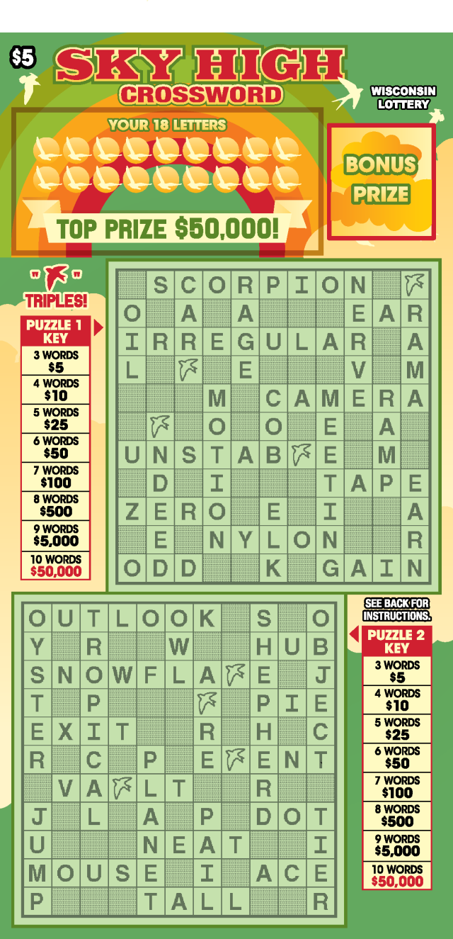 Sky High Crossword WI Scratch Game Wisconsin Scratch Game, Sky High Crossword green and tan background with red text.