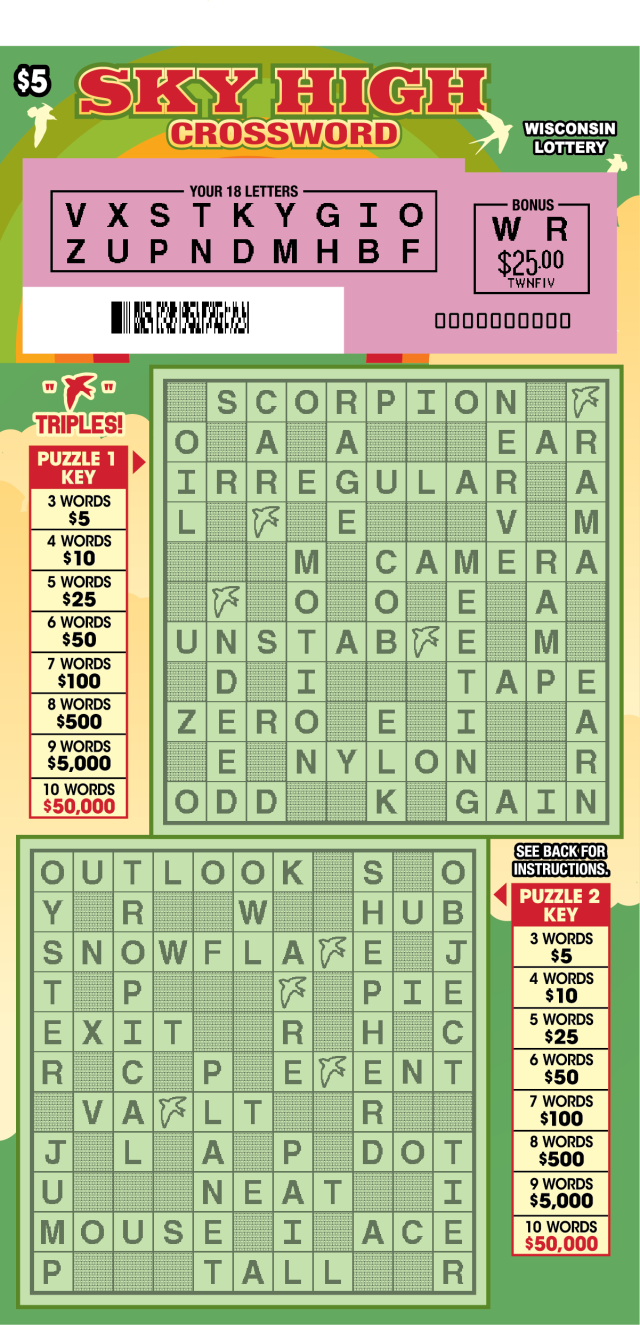 Sky High Crossword WI Scratch Game - Revealed Wisconsin Scratch Game, Sky High Crossword green and tan background with red text, revealed.