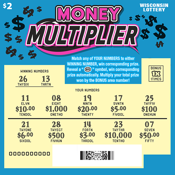 Money Multiplier WI Scratch Game - Revealed Wisconsin Scratch Game, Money Multiplier blue background with pink and black text, revealed.